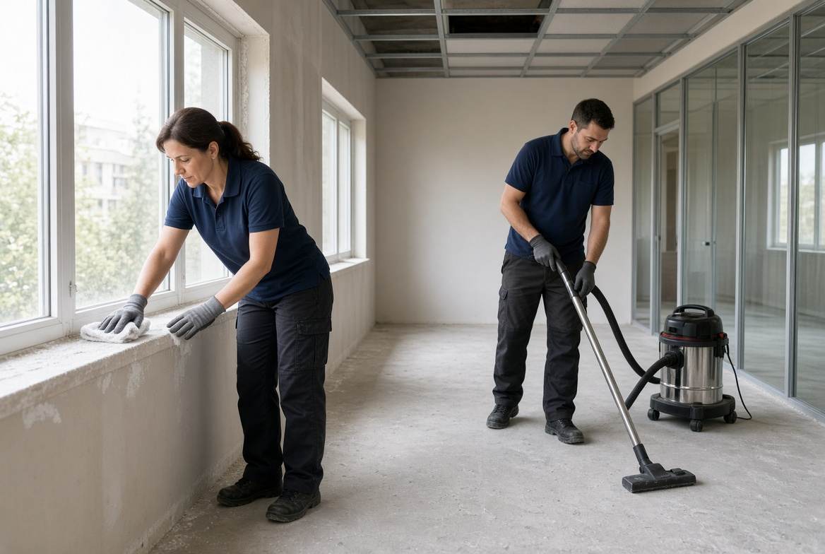 Construction dust being wiped from a new commercial suite