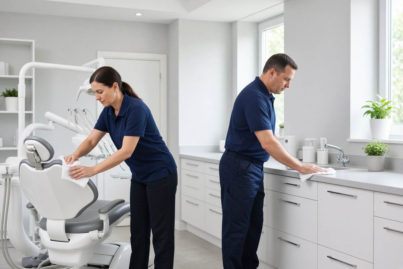 Dental chair and operatory counters being wiped