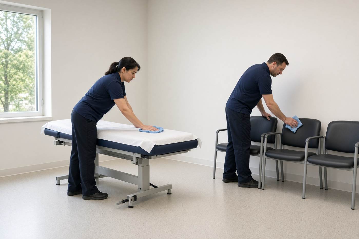 Medical exam room and waiting chairs being wiped